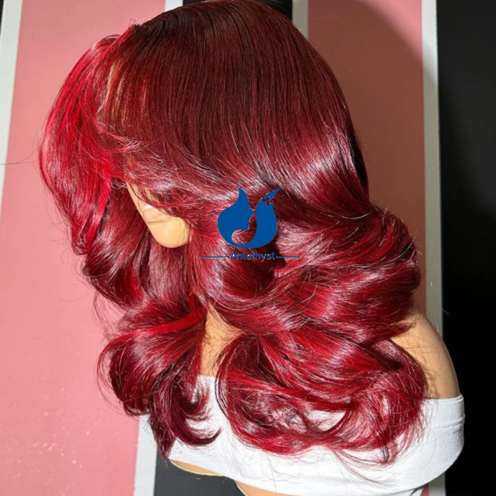 Rose Red Highlights Body Wave Human Hair Wigs 13X6 Deep