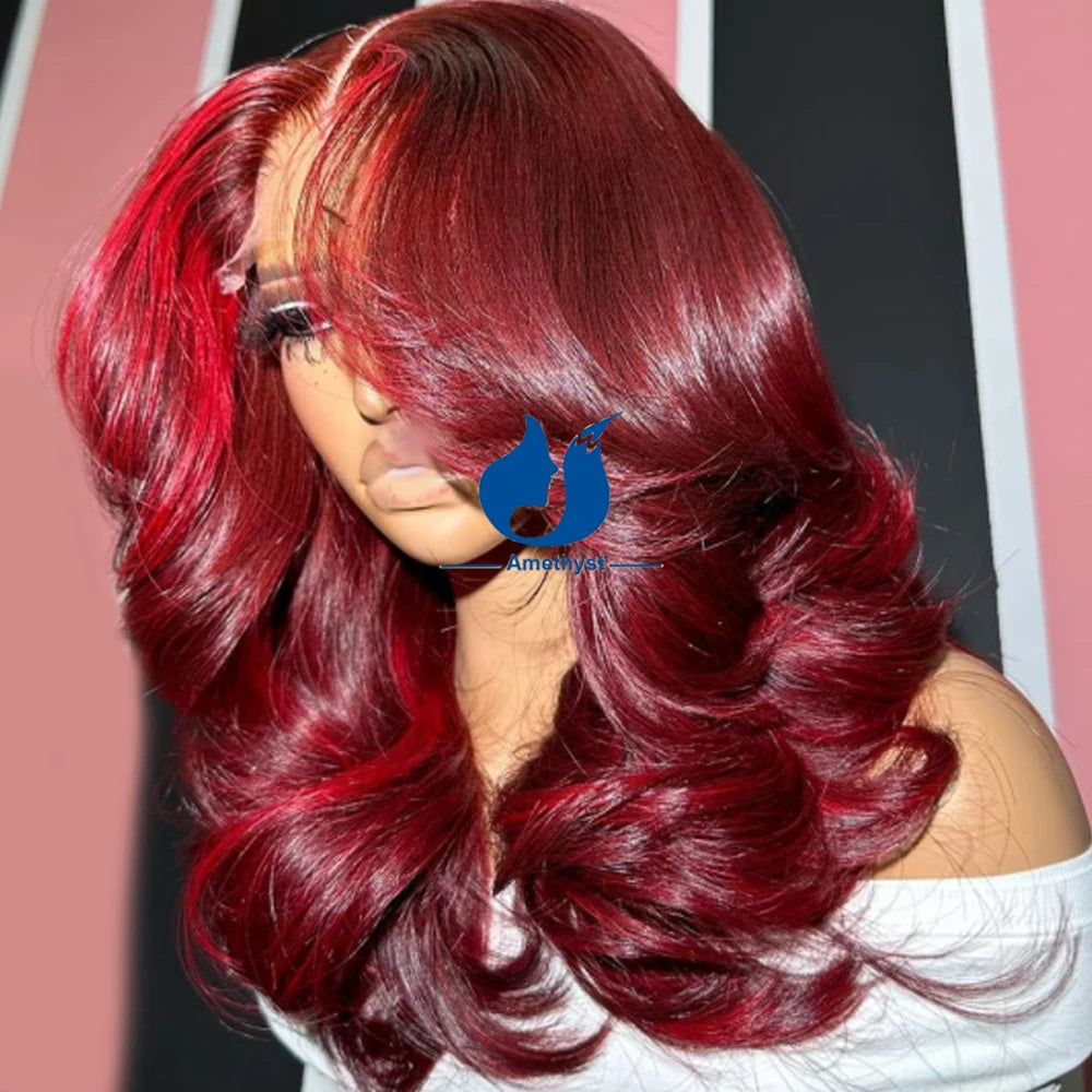 Rose Red Highlights Body Wave Human Hair Wigs 13X6 Deep