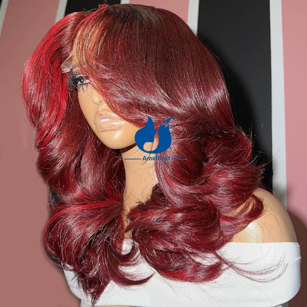 Rose Red Highlights Body Wave Human Hair Wigs 13X6 Deep